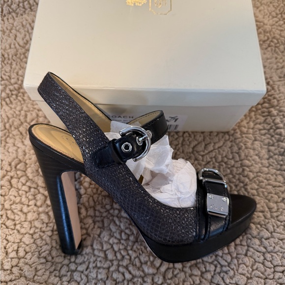 Coach Black Leather Buckle Slingback Heels - Picture 3 of 8